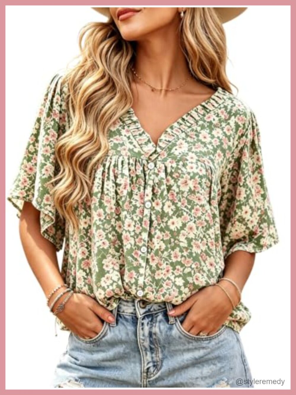 Women's V Neck Ruffle Half Sleeve Floral Blouse Ruched Top